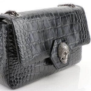 PHILIPP PLEIN EMBOSSED BLACK LEATHER CRYSTAL SKULL SHOULDER BAG